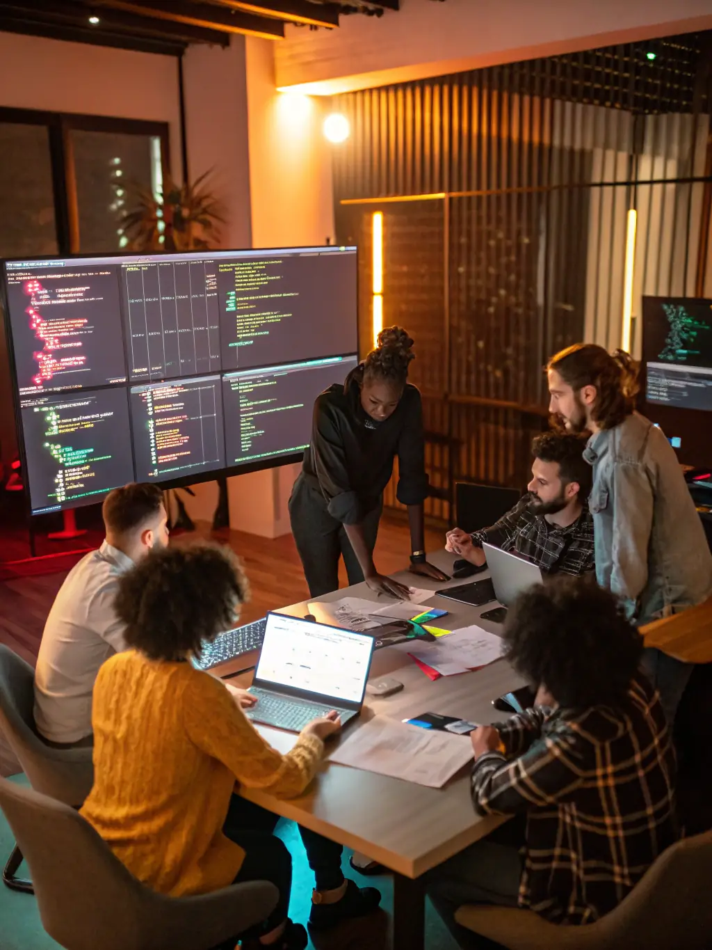 A software development team collaborating on code, highlighting Apex Innovators' ability to create custom software solutions tailored to specific business needs.