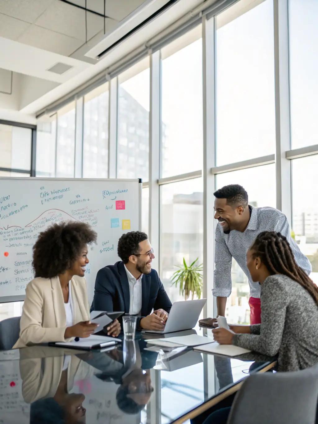 An image of a consultant discussing business strategies with a team, representing Apex Innovators' business management consulting services.