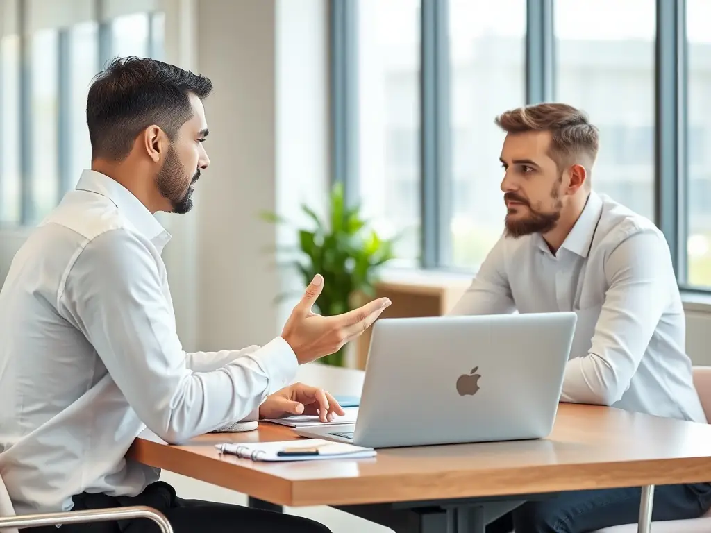 An image depicting a consultant discussing business strategies with a client, emphasizing Apex Innovators' consulting expertise.