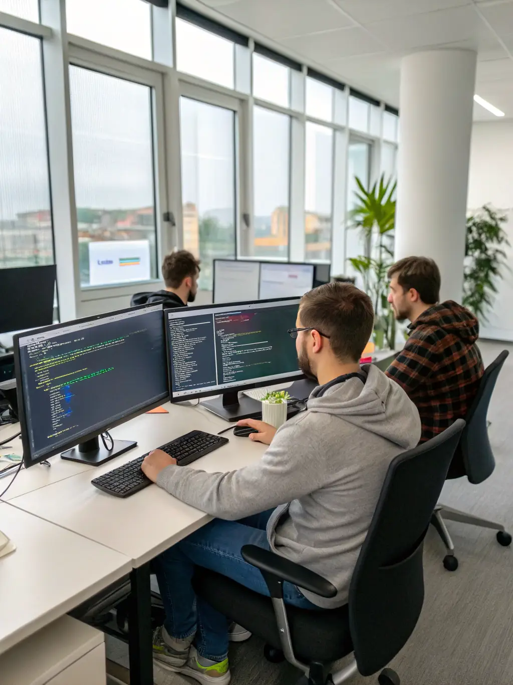 A visually appealing image of a software development team collaborating on a project, showcasing Apex Innovators' expertise in creating custom software solutions.