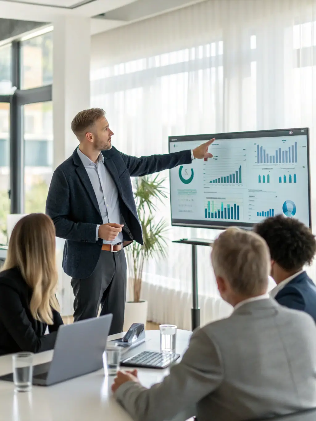 A consultant presenting a business strategy roadmap, illustrating Apex Innovators' expertise in business management consulting and strategic planning.